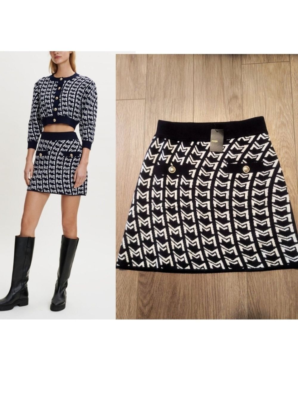 Maje | Monogrammed Jacquard Skirt In Marine Navy